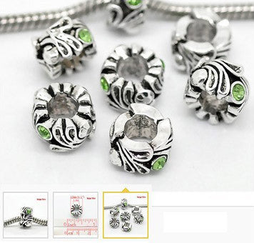 Dreadz Silver with Green Rhinestone Dreadlock Hair Beads (5mm Hole) x 3